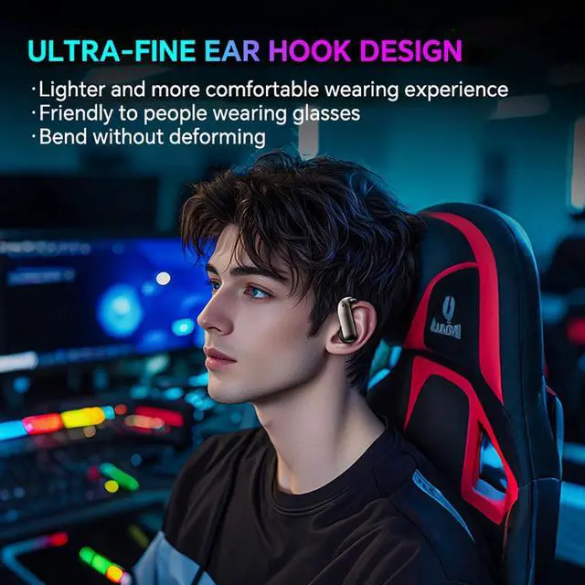 Alt view image 2 of 7 - Wireless Gaming Open Ear Buds Translation Earbuds Real Time with Ultra Fine Ear Hooks Loops, Mecha Wrap Around Over the Ear Earbuds Bone Air Conduction Headphones Earphones Wireless Bluetooth