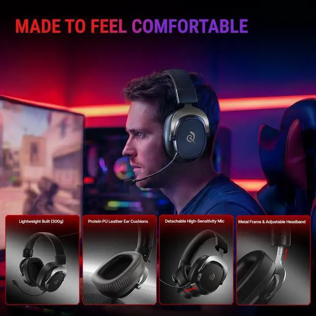 Alt view image 5 of 7 - Heroad VT200 Gaming Headset for PC: 53mm Neodymium Drivers Detachable Noise Canceling Microphone 2.4G/Bluetooth 6.0/Wired Compatible for PS4/PS5, Switch, Xbox 7.1 Surround Sound