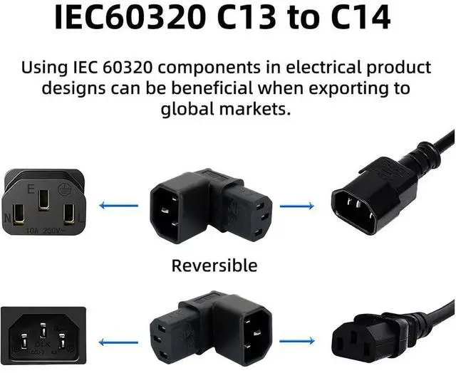 Alt view image 5 of 7 - JSER IEC Male C14 to Up Direction Right Angled 90 Degree IEC Female C13 Power Extension Adapter 220V 10A Max