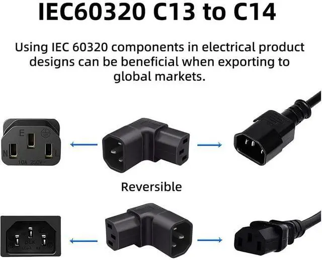 Alt view image 5 of 7 - Xiwai IEC Male C14 to IEC Female 90 Degree Down Direction Right Angled C13 Power Extension Adapter AC Convertor Black