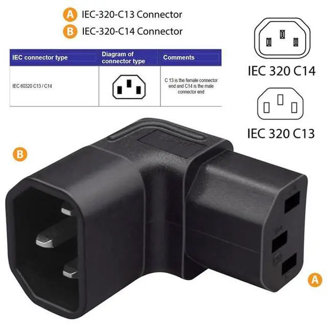 Alt view image 6 of 7 - Xiwai IEC Male C14 to IEC Female 90 Degree Down Direction Right Angled C13 Power Extension Adapter AC Convertor Black