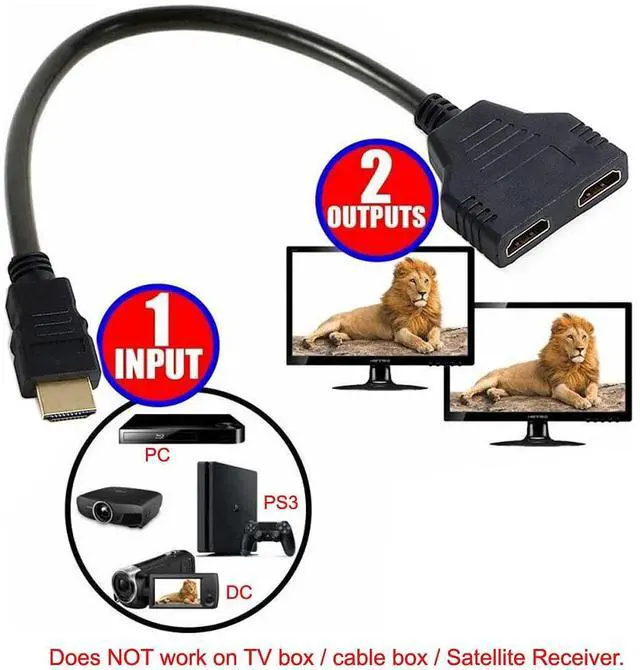 Alt view image 4 of 7 - HDMI Male to 2 HDMI Female 1 in 2 Out Splitter Cable Adapter Converter