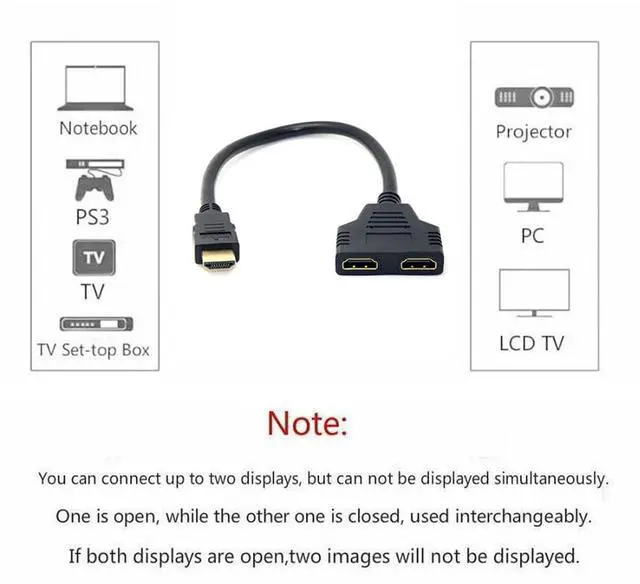 Alt view image 3 of 7 - HDMI Male to 2 HDMI Female 1 in 2 Out Splitter Cable Adapter Converter