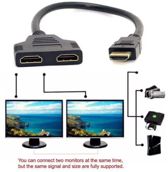 Alt view image 5 of 7 - HDMI Male to 2 HDMI Female 1 in 2 Out Splitter Cable Adapter Converter