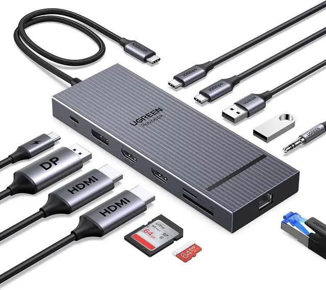 Main image of UGREEN Revodok Pro 12 in 1 Triple 4K Docking Station with 2 HDMI, DP, 2x10G USB C, 2x5G USB A, 100W PD, SD/TF, 1000Mbps Ethernet, 3.5MM Audio, USBC Hub Multiple Adapter for MacBook, DELL, HP and More