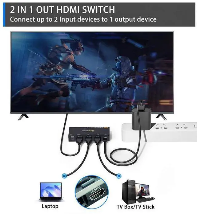 Alt view image 5 of 5 - HDMI switcher, 8K 60Hz high-definition computer-to-TV video splitter, dual-input single-output HDMI bidirectional switcher