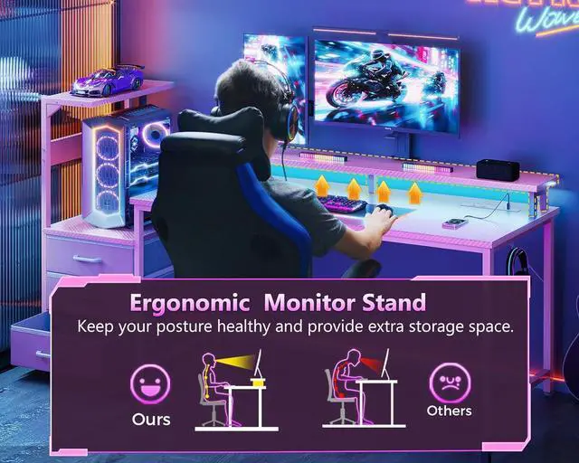 Alt view image 6 of 7 - AODK 59 Inch Gaming Desk with USB Charging Ports & LED Light- Reversible Computer Desk with Storage Shelves & Monitor Stand, Modern Gamer Desk Table with Fabric Drawers & Side Hook, Carbon Fiber Pink