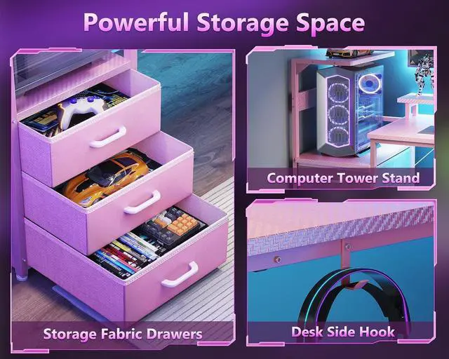 Alt view image 4 of 7 - AODK 59 Inch Gaming Desk with USB Charging Ports & LED Light- Reversible Computer Desk with Storage Shelves & Monitor Stand, Modern Gamer Desk Table with Fabric Drawers & Side Hook, Carbon Fiber Pink