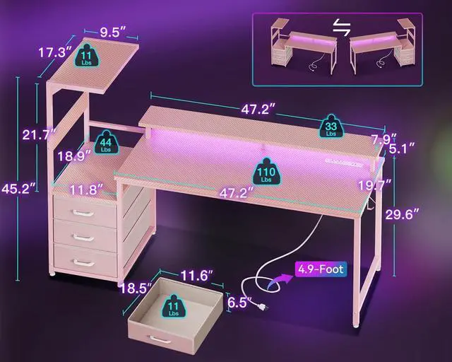 Alt view image 2 of 7 - AODK 59 Inch Gaming Desk with USB Charging Ports & LED Light- Reversible Computer Desk with Storage Shelves & Monitor Stand, Modern Gamer Desk Table with Fabric Drawers & Side Hook, Carbon Fiber Pink