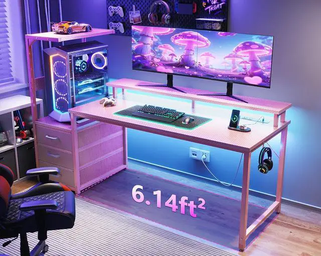 Alt view image 3 of 7 - AODK 59 Inch Gaming Desk with USB Charging Ports & LED Light- Reversible Computer Desk with Storage Shelves & Monitor Stand, Modern Gamer Desk Table with Fabric Drawers & Side Hook, Carbon Fiber Pink