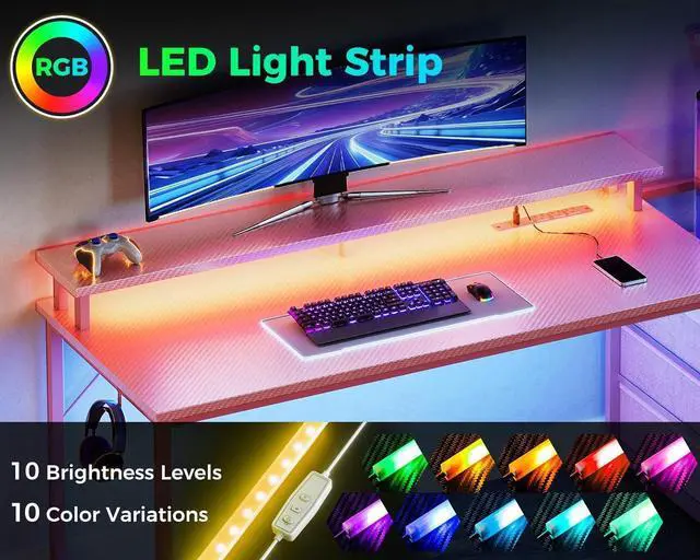 Alt view image 5 of 7 - AODK 59 Inch Gaming Desk with USB Charging Ports & LED Light- Reversible Computer Desk with Storage Shelves & Monitor Stand, Modern Gamer Desk Table with Fabric Drawers & Side Hook, Carbon Fiber Pink