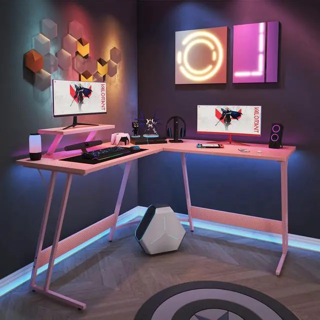 Alt view image 4 of 7 - Homall Pink L Shaped Gaming Desk Computer Corner PC Desk Table with Large Monitor Stand for Home Office Studying Writing Workstation, Gift for Girls and Women (Pink, 51 Inch)
