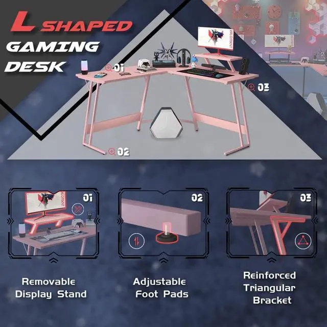 Alt view image 6 of 7 - Homall Pink L Shaped Gaming Desk Computer Corner PC Desk Table with Large Monitor Stand for Home Office Studying Writing Workstation, Gift for Girls and Women (Pink, 51 Inch)