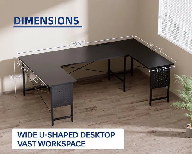Alt view image 4 of 6 - 71 Inch Large Computer Desk with Power Outlets,U Shaped Corner Desk for Home Office Work and Gaming Black