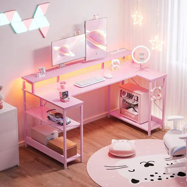 Alt view image 2 of 7 - ODK 48 Inch Gaming Desk with LED Lights and Power Outlet, U-Shaped Computer Desk with Monitor Stand and Storage Shelves, PC Gamer Table for Home Office, Carbon Fiber Pink