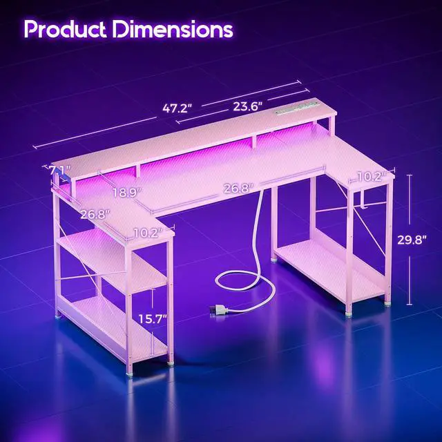Alt view image 3 of 7 - ODK 48 Inch Gaming Desk with LED Lights and Power Outlet, U-Shaped Computer Desk with Monitor Stand and Storage Shelves, PC Gamer Table for Home Office, Carbon Fiber Pink