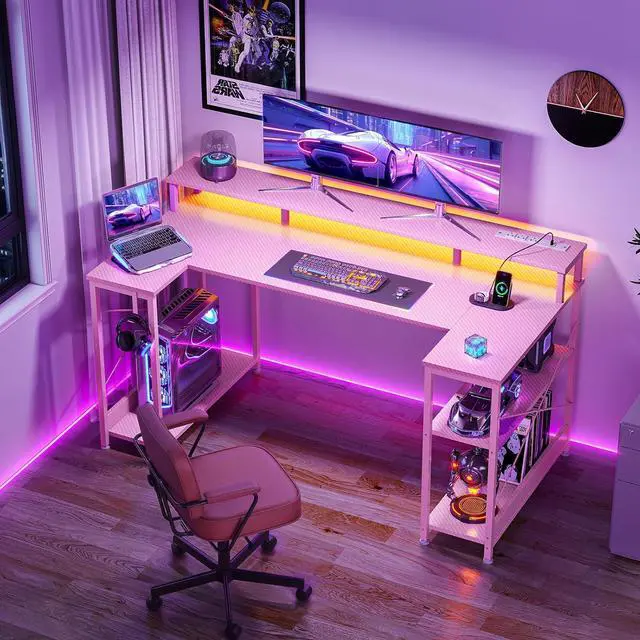 Alt view image 4 of 7 - ODK 48 Inch Gaming Desk with LED Lights and Power Outlet, U-Shaped Computer Desk with Monitor Stand and Storage Shelves, PC Gamer Table for Home Office, Carbon Fiber Pink