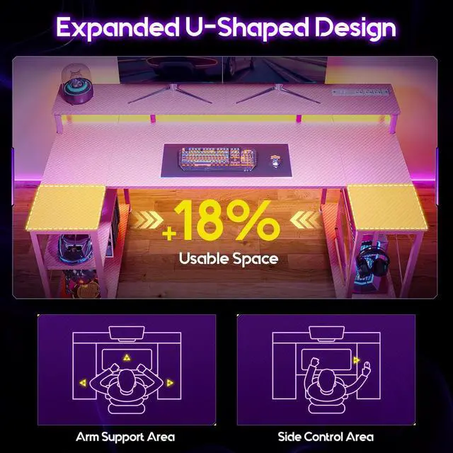 Alt view image 5 of 7 - ODK 48 Inch Gaming Desk with LED Lights and Power Outlet, U-Shaped Computer Desk with Monitor Stand and Storage Shelves, PC Gamer Table for Home Office, Carbon Fiber Pink