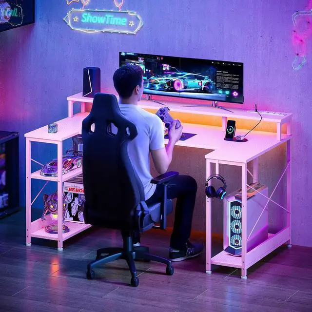 Alt view image 6 of 7 - ODK 48 Inch Gaming Desk with LED Lights and Power Outlet, U-Shaped Computer Desk with Monitor Stand and Storage Shelves, PC Gamer Table for Home Office, Carbon Fiber Pink