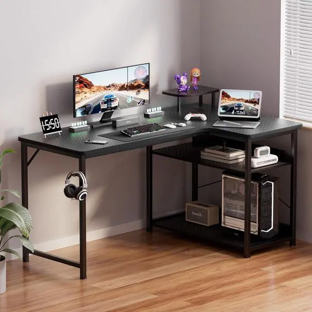 Alt view image 2 of 7 - L Shaped Gaming Desk, Carbon Fiber Style Computer Desk with Monitor Shelf and Hook, Black Small L Shape Desk with Adjustable Open Storage Shelf, Corner PC Table for Small Space Home Office