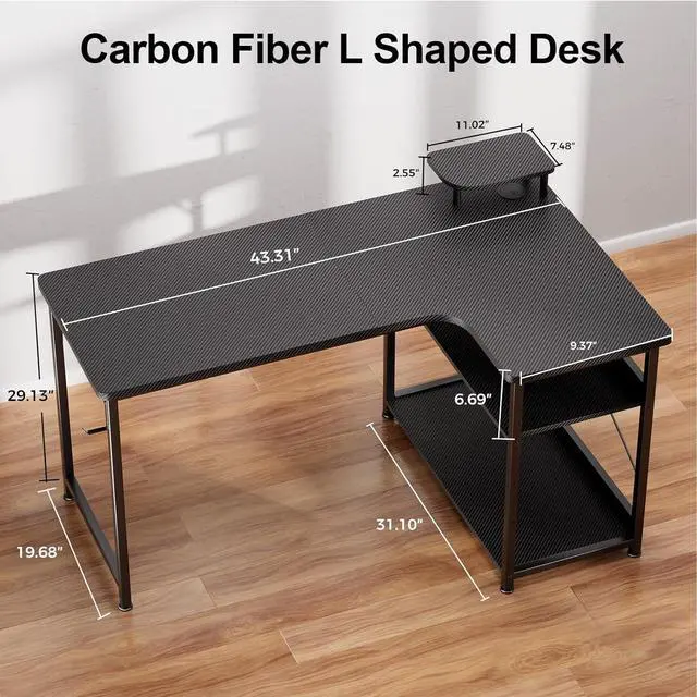 Alt view image 3 of 7 - L Shaped Gaming Desk, Carbon Fiber Style Computer Desk with Monitor Shelf and Hook, Black Small L Shape Desk with Adjustable Open Storage Shelf, Corner PC Table for Small Space Home Office