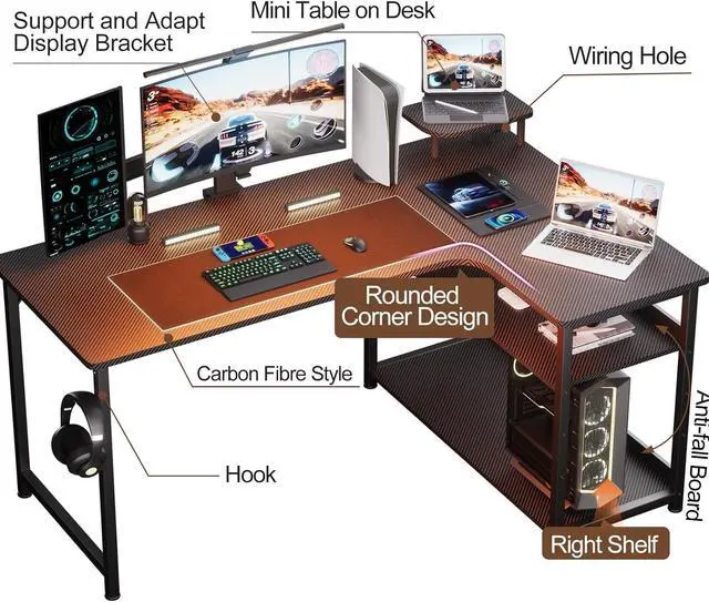 Alt view image 6 of 7 - L Shaped Gaming Desk, Carbon Fiber Style Computer Desk with Monitor Shelf and Hook, Black Small L Shape Desk with Adjustable Open Storage Shelf, Corner PC Table for Small Space Home Office