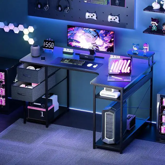 Alt view image 7 of 7 - L Shaped Gaming Desk, Carbon Fiber Style Computer Desk with Monitor Shelf and Hook, Black Small L Shape Desk with Adjustable Open Storage Shelf, Corner PC Table for Small Space Home Office