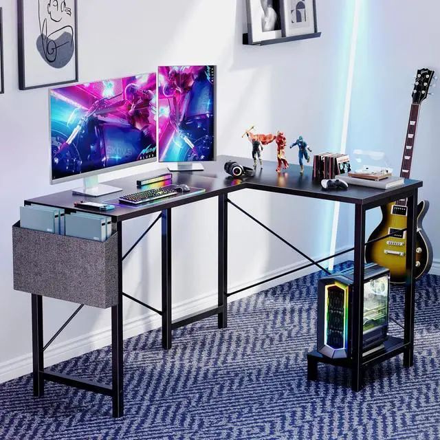 Main image of GIANNA L Shaped Gaming Desk with Wooden Desktop CPU Stand Side Bag Reversible for Home Office Small , Black