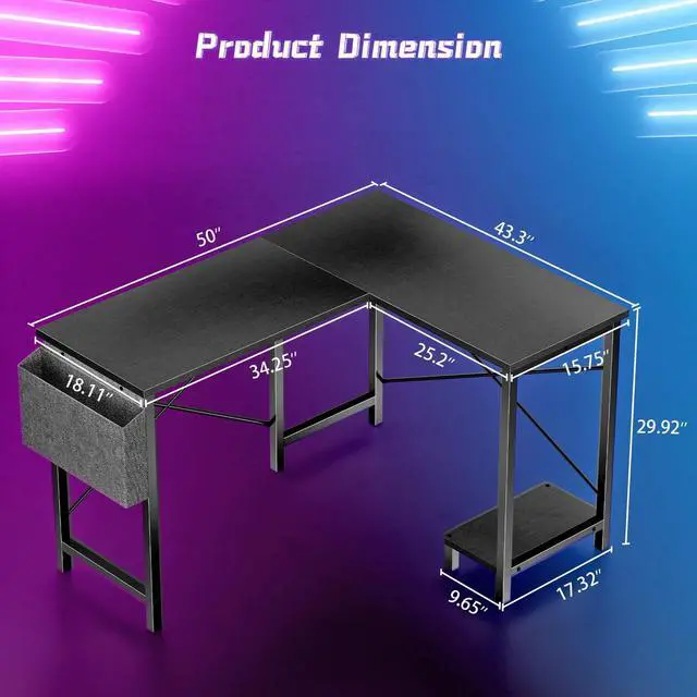Alt view image 4 of 6 - GIANNA L Shaped Gaming Desk with Wooden Desktop CPU Stand Side Bag Reversible for Home Office Small , Black