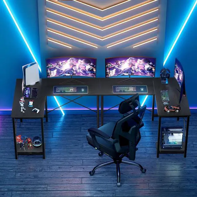 Alt view image 5 of 6 - GIANNA L Shaped Gaming Desk with Wooden Desktop CPU Stand Side Bag Reversible for Home Office Small , Black