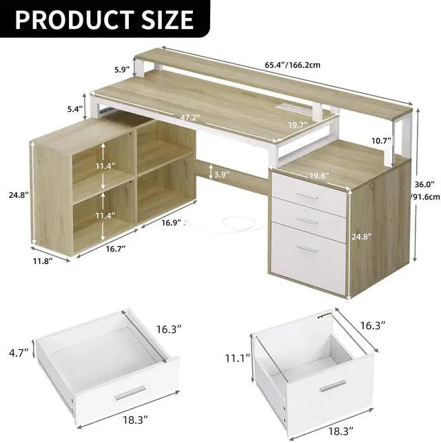 Alt view image 4 of 7 - Dextrus 65" L Shaped Desk with Power Outlets and Monitor Stand , Computer Desk with LED Light &File Cabinet, Corner Desk with 3 Drawers & 4 Open Storage Shelves, Modern Home Office Desk, Oak