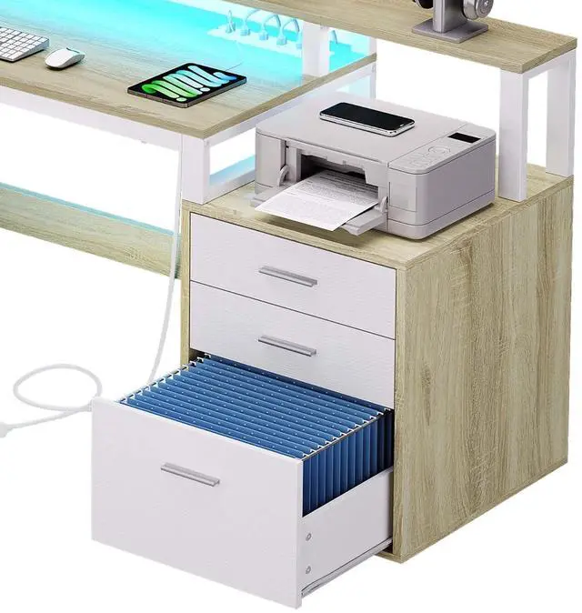 Alt view image 6 of 7 - Dextrus 65" L Shaped Desk with Power Outlets and Monitor Stand , Computer Desk with LED Light &File Cabinet, Corner Desk with 3 Drawers & 4 Open Storage Shelves, Modern Home Office Desk, Oak