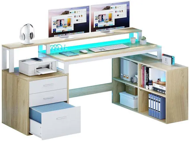 Alt view image 5 of 7 - Dextrus 65" L Shaped Desk with Power Outlets and Monitor Stand , Computer Desk with LED Light &File Cabinet, Corner Desk with 3 Drawers & 4 Open Storage Shelves, Modern Home Office Desk, Oak