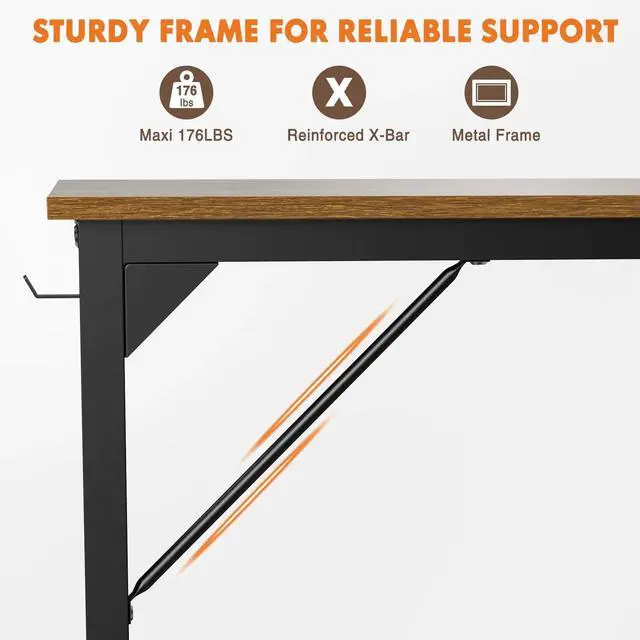 Alt view image 5 of 6 - 31-63 Inch Gaming Computer Desk with Storage Bag & Hook, Sturdy Home Office PC Table for Adults & Students, Modern Simple Design in Rustic/Black/White/Oak