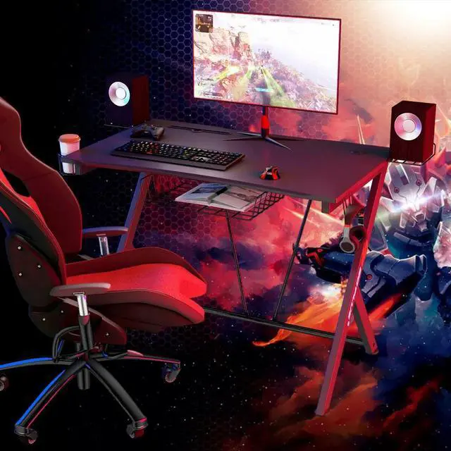 Alt view image 3 of 7 - Gymax Gaming Desk Computer Desk PC Table Workstation with Headphone Hook & Cup Holder