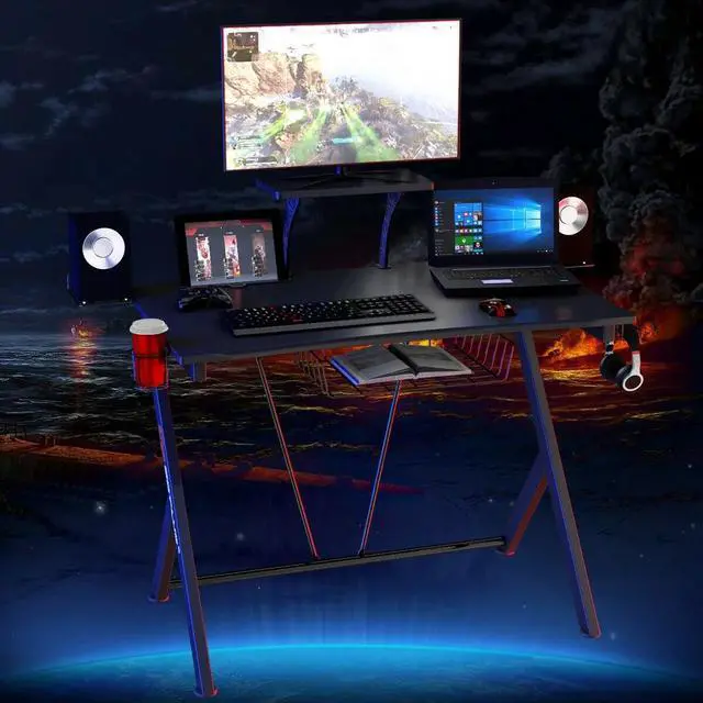Alt view image 4 of 7 - Gymax Gaming Desk Computer Desk PC Table Workstation with Headphone Hook & Cup Holder