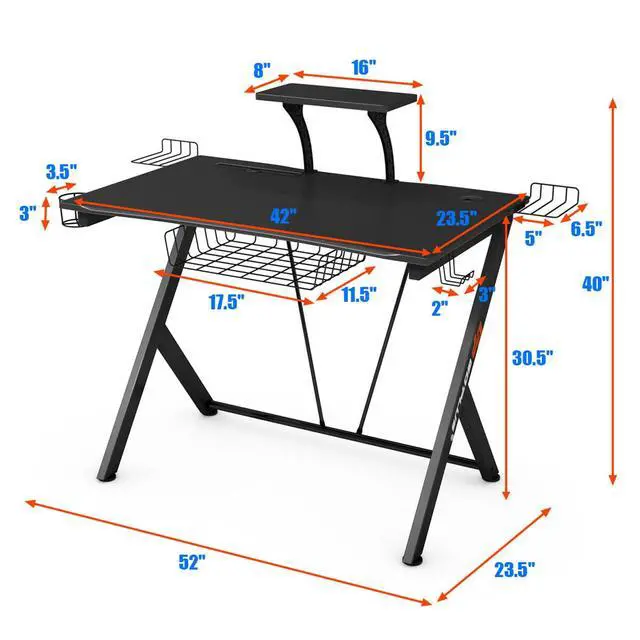 Alt view image 2 of 7 - Gymax Gaming Desk Computer Desk PC Table Workstation with Headphone Hook & Cup Holder