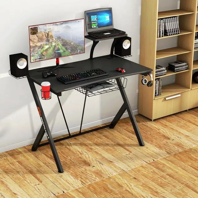Alt view image 5 of 7 - Gymax Gaming Desk Computer Desk PC Table Workstation with Headphone Hook & Cup Holder