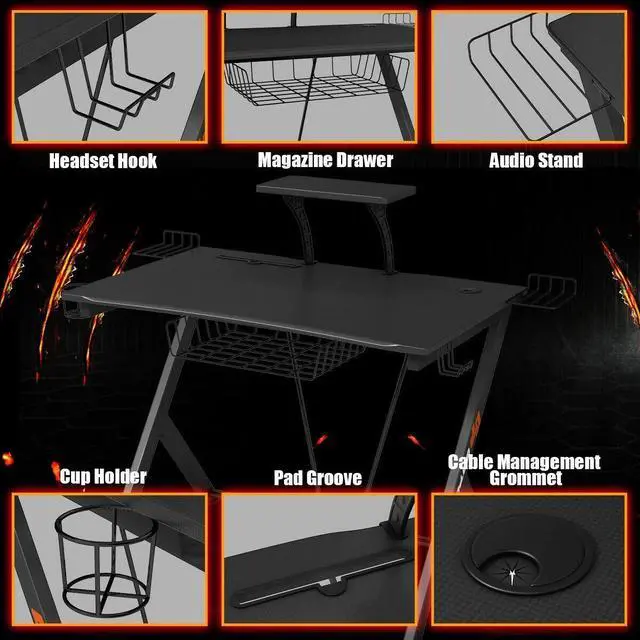 Alt view image 7 of 7 - Gymax Gaming Desk Computer Desk PC Table Workstation with Headphone Hook & Cup Holder