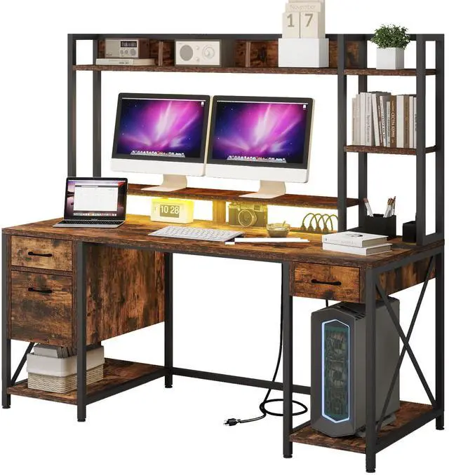 Main image of Uforic Computer Desk with Hutch& Led Light, Gaming Desk with Power Outlets, Home Office Desk, Brown