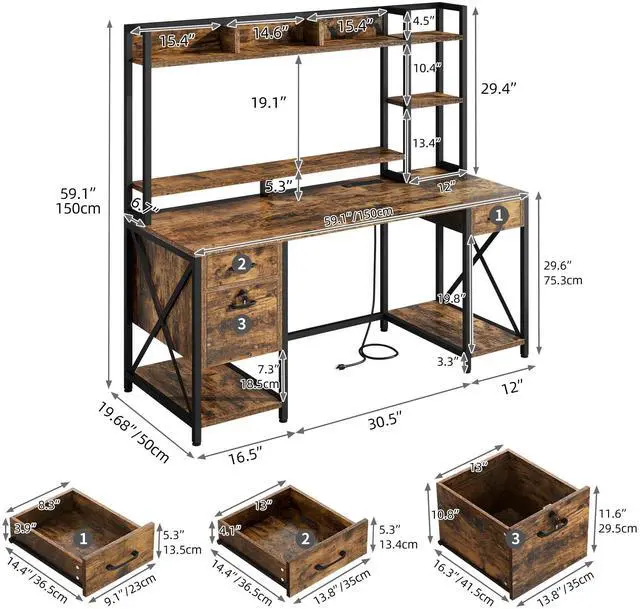 Alt view image 7 of 7 - Uforic Computer Desk with Hutch& Led Light, Gaming Desk with Power Outlets, Home Office Desk, Brown