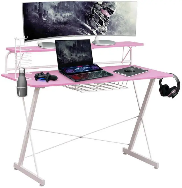 Alt view image 2 of 7 - Techni Sport TS-200 Carbon 47" Computer Gaming Desk with Shelving, Pink/ White RTA-TS200-PNK