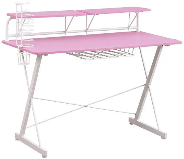 Alt view image 5 of 7 - Techni Sport TS-200 Carbon 47" Computer Gaming Desk with Shelving, Pink/ White RTA-TS200-PNK