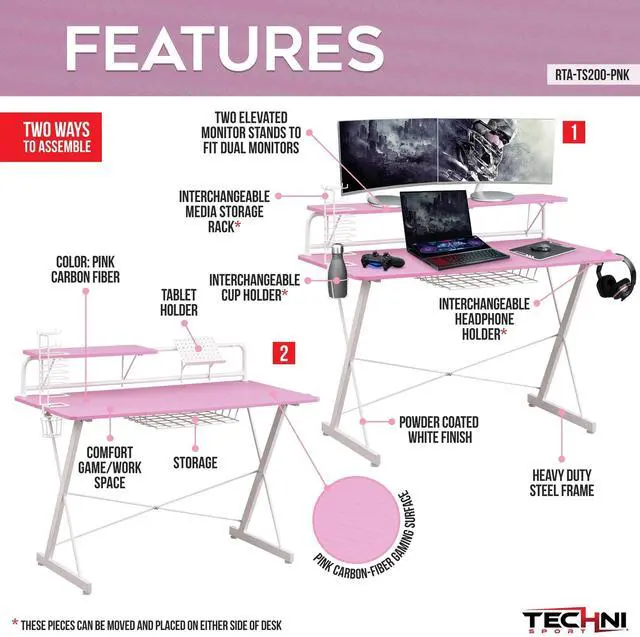Alt view image 3 of 7 - Techni Sport TS-200 Carbon 47" Computer Gaming Desk with Shelving, Pink/ White RTA-TS200-PNK