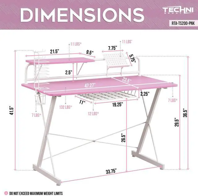 Alt view image 4 of 7 - Techni Sport TS-200 Carbon 47" Computer Gaming Desk with Shelving, Pink/ White RTA-TS200-PNK