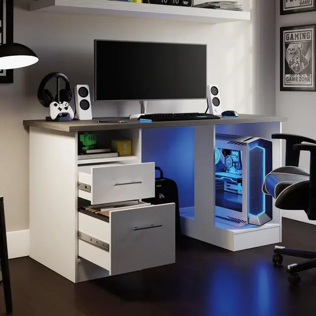 Alt view image 2 of 7 - Sauder Desk for Gaming with Charcoal Ash Accent Top, White Finish