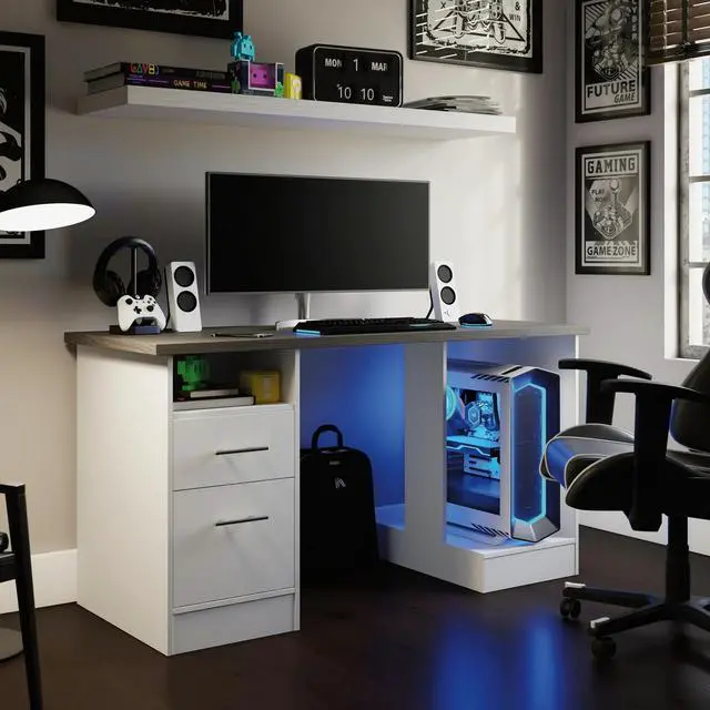 Main image of Sauder Desk for Gaming with Charcoal Ash Accent Top, White Finish