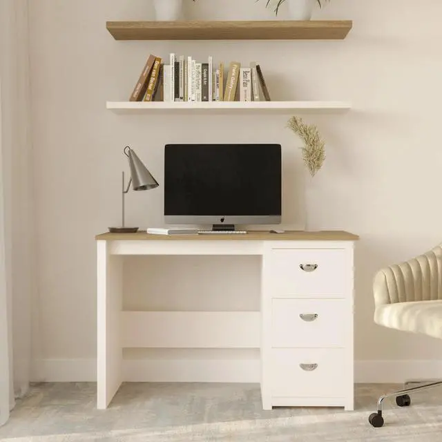 Alt view image 3 of 7 - Lavish Home Computer Desk with Attached 3-Drawer File Cabinet (White)