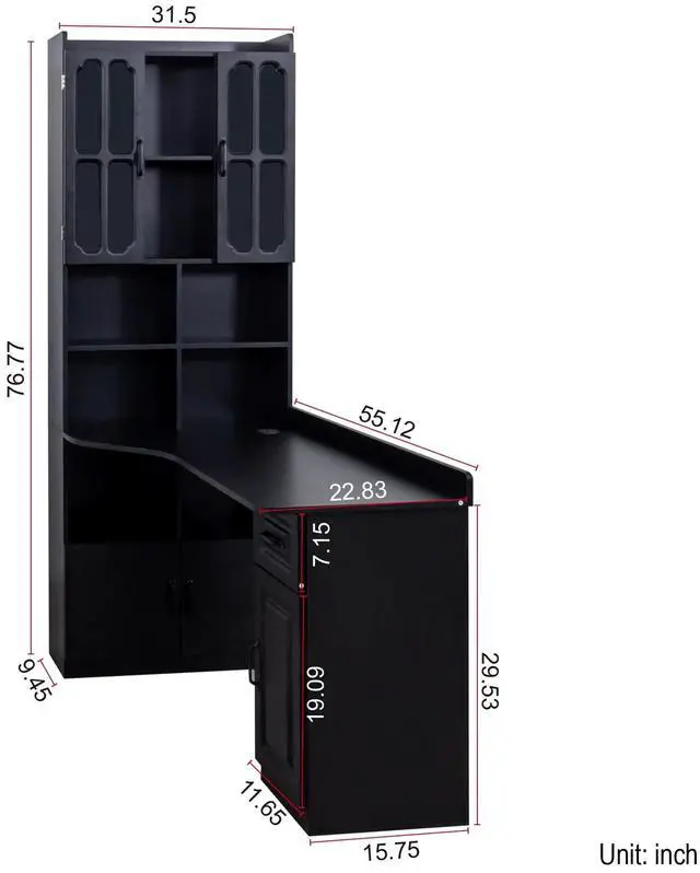 Alt view image 2 of 7 - Aukfa 2-in-1 L-Shaped Computer Desk Corner Desk w/ Hutch Drawers & Bookshelf for Home Office,Black