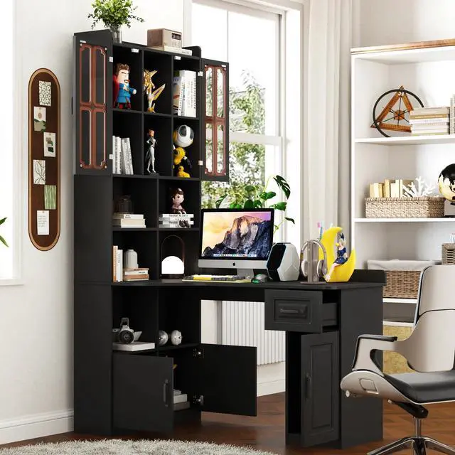 Main image of Aukfa 2-in-1 L-Shaped Computer Desk Corner Desk w/ Hutch Drawers & Bookshelf for Home Office,Black